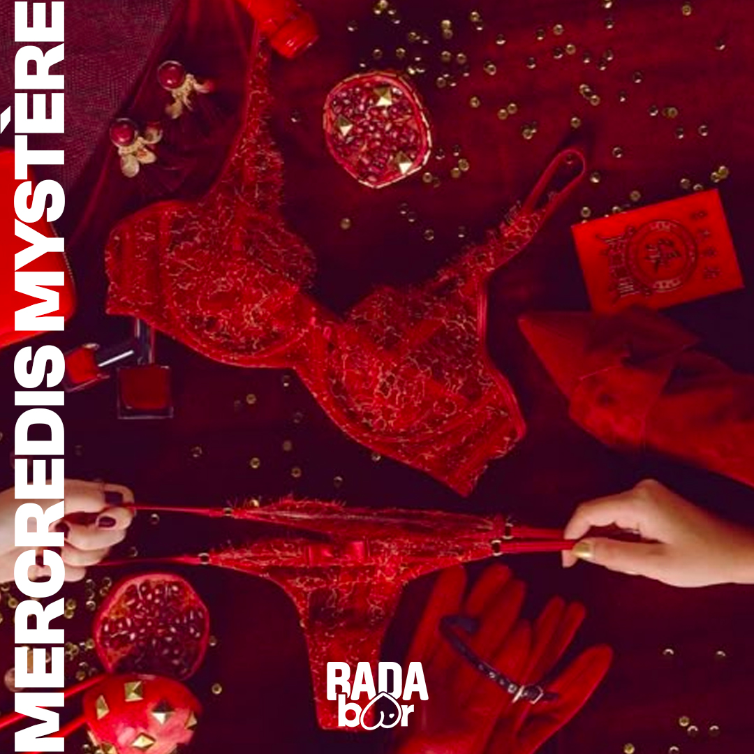 Affiche Mercredi Mystères, Bada Bar Libertin Lyon — lingerie rouge et sensualité, tous les mercredis dès 18h